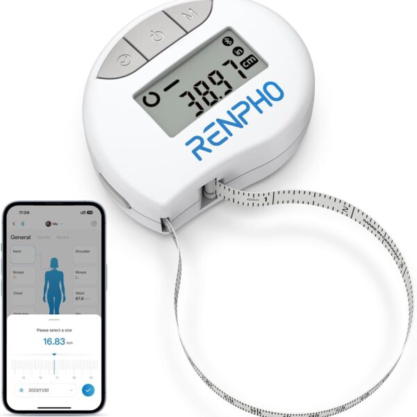 RENPHO Body Measuring Tape, Smart Tape Measure for Weight Loss, Bluetooth Fitness Equipment with App, Measuring Waist, Hip, Bust, Arms, Muscle Gain, Retractable, 60in /150cm, White