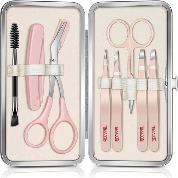 TsMADDTs Tweezers for Women Facial Hair, 8 in 1 Eyebrow Kit with Tweezers, Eyebrow Trimmer Scissors, Razor, Brush with Travel Bag, Hair Plucking Daily Beauty Tools